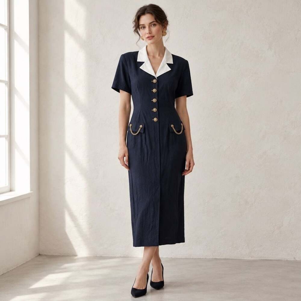 Scarlett Vintage Dress Size 16T Navy Blue White Collar Gold Chain Accent